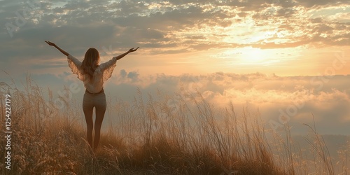 Embracing the sunset on a serene hilltop with outstretched arms and golden skies