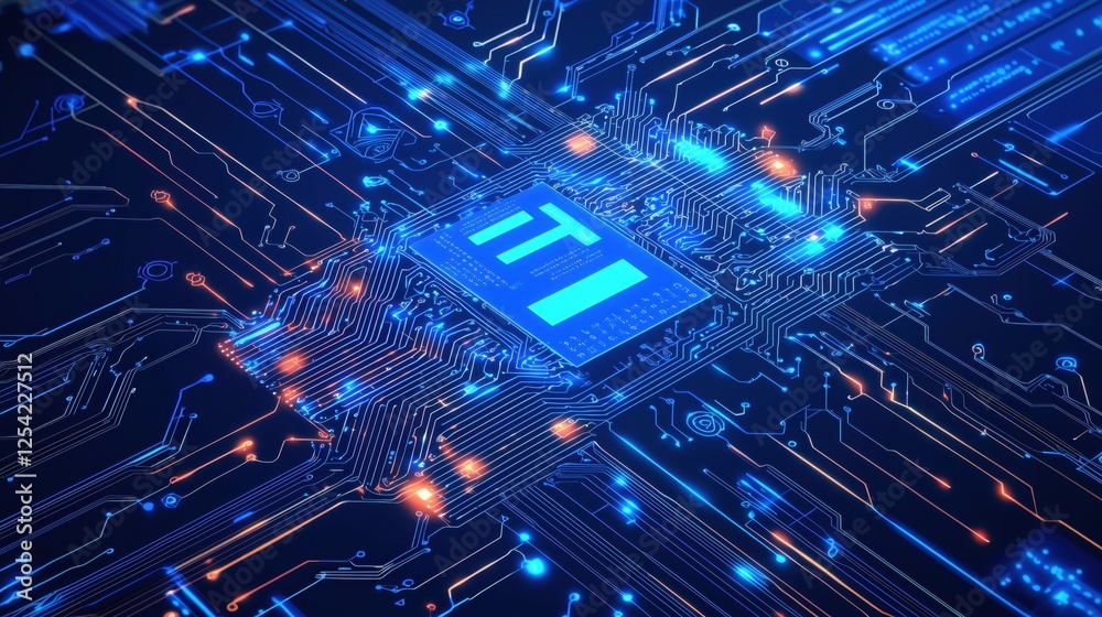 Fototapeta premium Glowing Blue Microchip on Electronic Circuit Board