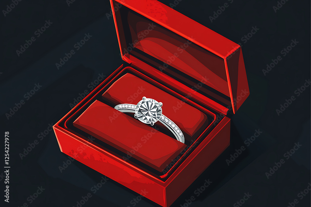 Elegant diamond engagement ring displayed in a luxurious red box, set against a dark background Elegant diamond engagement ring displayed in a luxurious red box, set against a dark background