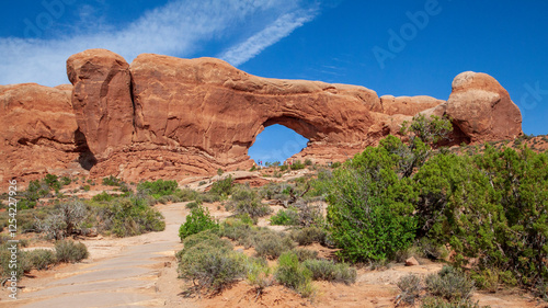 View looking up The Windows Trail at the North Window Arch in Arches National Park
