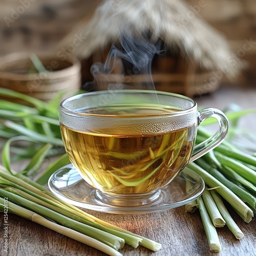 Refreshing Lemongrass Tea in Glass Cup with Steam on Wooden Table Surrounded by Fresh Lemongrass Stalks and Rustic Background for Relaxation and Wellness