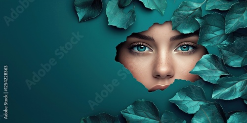 Mysterious face partially revealed through green leaves against a blue backdrop creating an intriguing visual effect