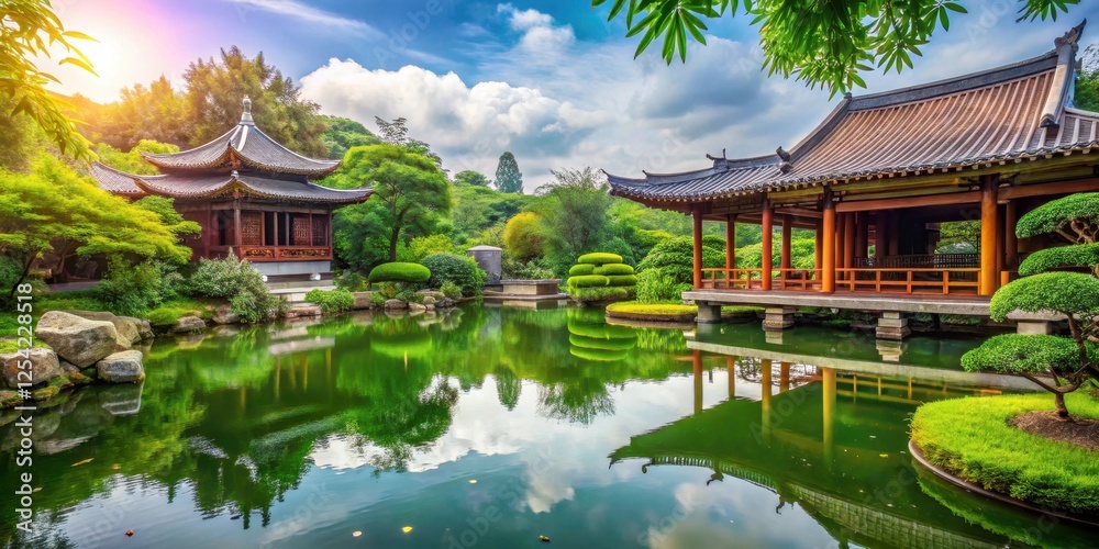 Serene temple grounds with a tranquil pond and lush greenery, serenity, inner peace Serene temple grounds with a tranquil pond and lush greenery, serenity, inner peace