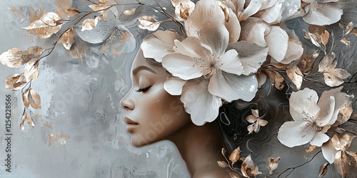 Portrait of a woman with floral elements in her hair against a muted background showcasing beauty and nature