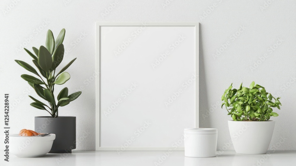 Fototapeta premium White Frame Mockup with Potted Plants on White Table