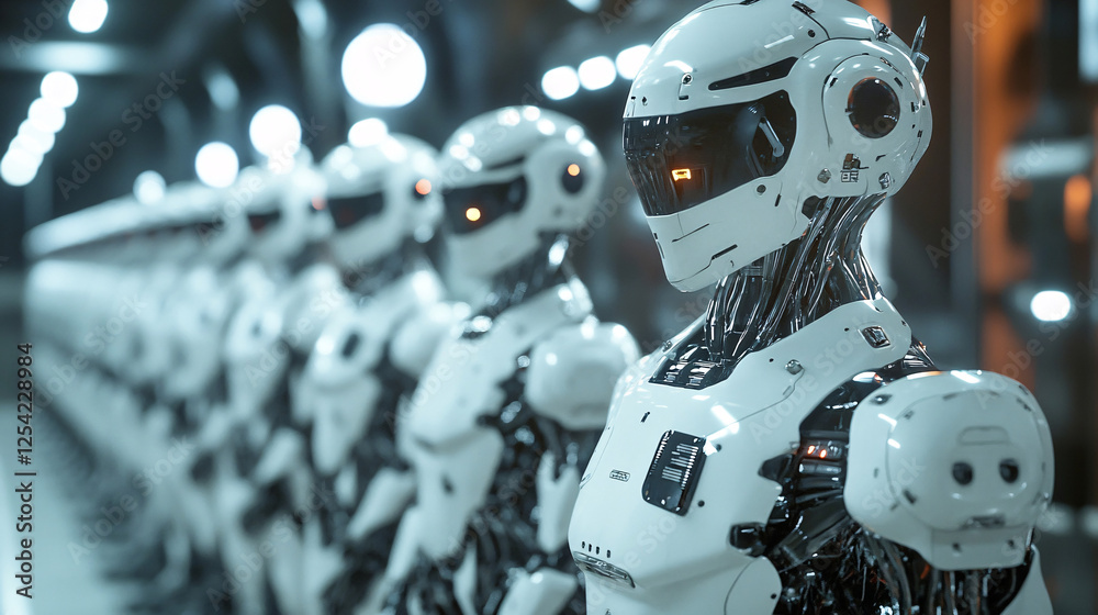 Fototapeta premium advanced android robots lined up in a high-tech facility showcasing modern robotics and cybernetic technology