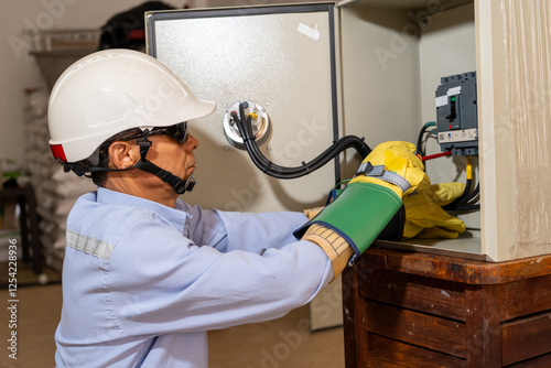 Latin electrical technician building an industrial electrical panel