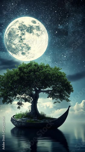 A serene landscape with a large tree growing on a boat under a full moon