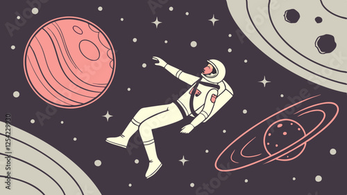 Astronaut floating in space surrounded by planets and stars