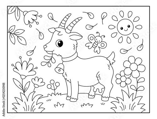 Cute Goat with Natural scenery view background coloring page for kids. Funny animal outline vector illustration.
