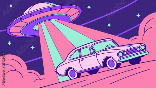 Retro-styled UFO and Car in Outer Space