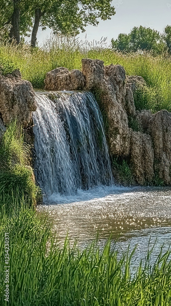 Obraz premium Small Waterfall in a grassy park. Possible stock photo use