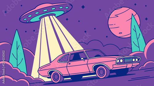 Pink Car and UFO on a Nightly Cosmic Adventure