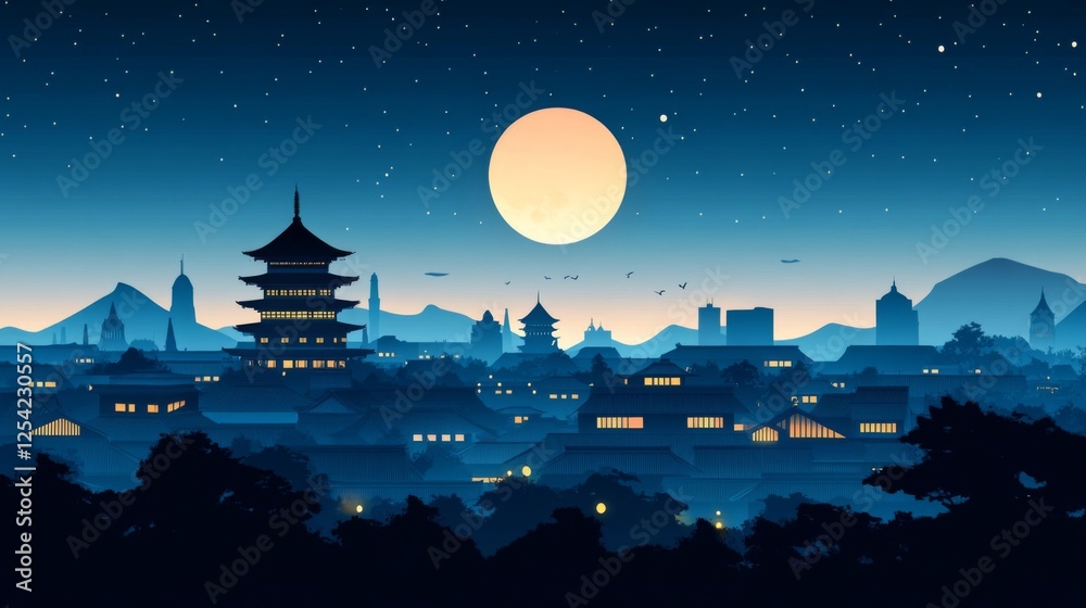 Obraz premium Pixelated Asian Cityscape At Night With Full Moon
