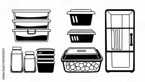 Organized Kitchen Storage with Food Containers and Refrigerator