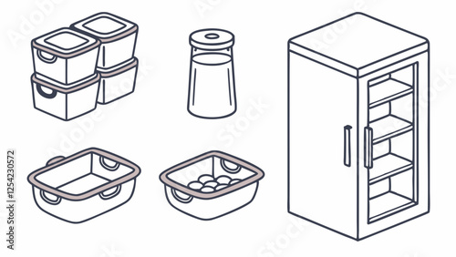 Organized Kitchen Storage with Food Containers and Refrigerator