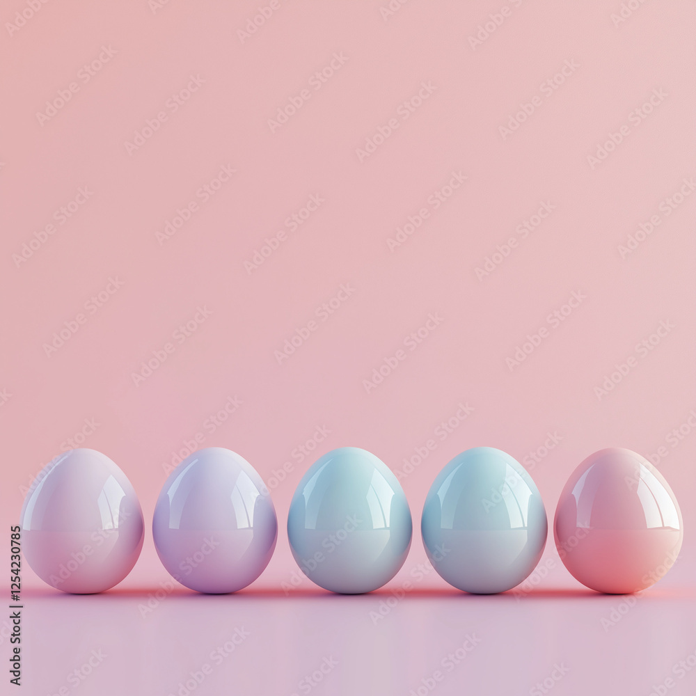 Five glossy pastel Easter eggs symmetrically arranged against a soft pink background, creating a minimalist and modern festive aesthetic Five glossy pastel Easter eggs symmetrically arranged against a soft pink background, creating a minimalist and modern festive aesthetic