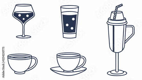 Simple Line Art Illustration of Various Beverages