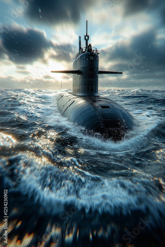 A military submarine emerging on the surface of the vast ocean. photo