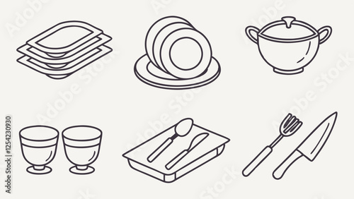 Simple Line Art Illustration of Various Kitchen Utensils and Dishes