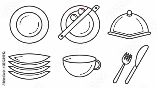 Simple Line Art Illustration of Various Dishes and Utensils