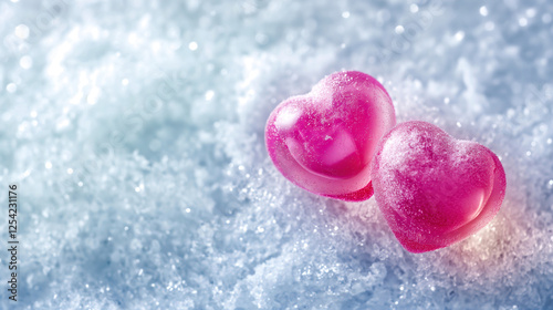 Pink Glass Hearts in Snow, Winter Love Concept. Two frosty pink glass hearts rest on snow, symbolizing love and romance in a serene winter setting. Valentine. Blank area for text.