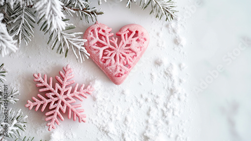 Pink Snowflake and Heart Cutout with Frosted Branches, Winter Decor. serene winter romance scene. Valentines, love and romance theme. Blank area for text.