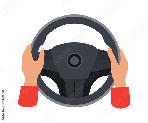 Hand Holding Car Steering Wheel. Vector Illustration stock illustration