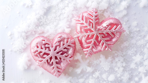 Pink Snowflake Hearts on Snow, Romantic Winter Design. Two pink decorative heart snowflake cutouts rest on a snowy surface, symbolizing Valentine winter love. Blank text area.