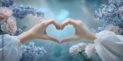 Hands create a heart shape surrounded by delicate flowers in a serene setting