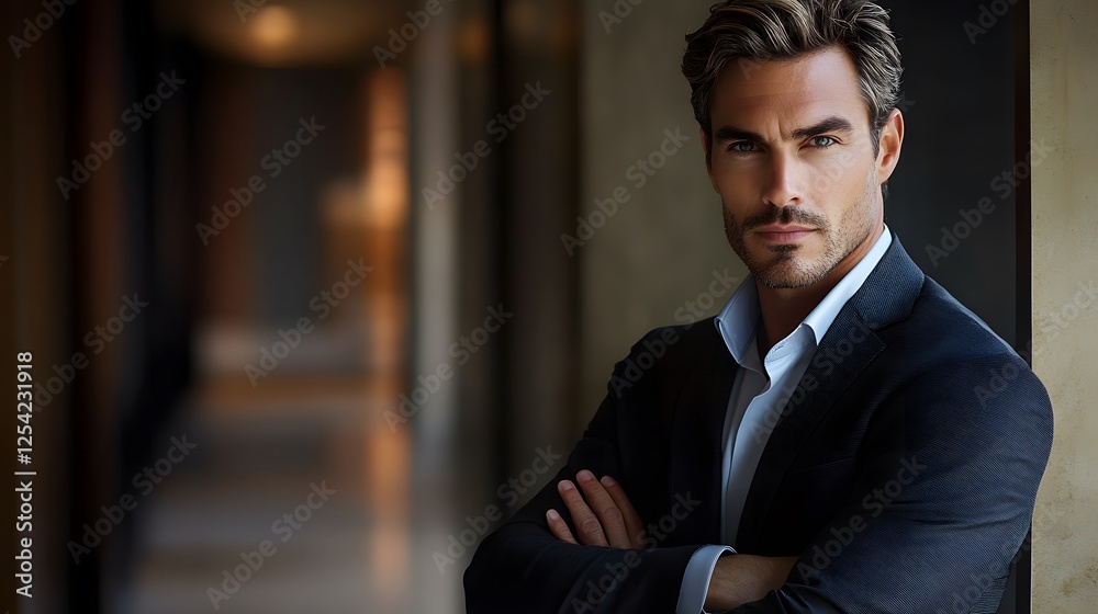 Fototapeta premium Handsome Man in Suit Posing Confidently Indoors