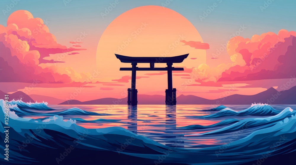 Pixel Art Sunset Landscape With Japanese Torii Gate Pixel Art Sunset Landscape With Japanese Torii Gate