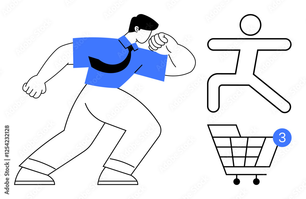 Obraz premium Confident man in blue shirt striking a pose with a fist next to abstract human figure and shopping cart with a number three. Ideal for business strength, ecommerce, shopping, leadership, motivation