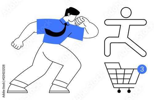 Confident man in blue shirt striking a pose with a fist next to abstract human figure and shopping cart with a number three. Ideal for business strength, ecommerce, shopping, leadership, motivation