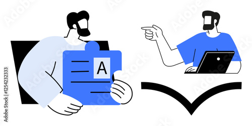 Two colleagues discussing a project, one holding a document with an A on it and the other pointing while using a laptop. Ideal for teamwork, communication, brainstorming, project planning, idea