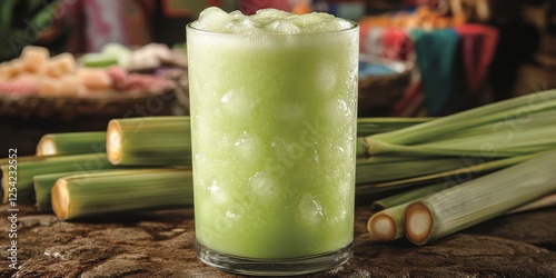 Refreshing Green Sugarcane Juice in Glass with Fresh Stalks on Rustic Table - Perfect Healthy Beverage for Summer Hydration with Tropical Vibes and Natural Sweetness photo