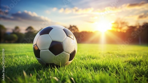A traditional soccer ball is placed on a lush green grass field with a few scattered blades of grass around it, casting a warm and inviting atmosphere , athletic equipment, football