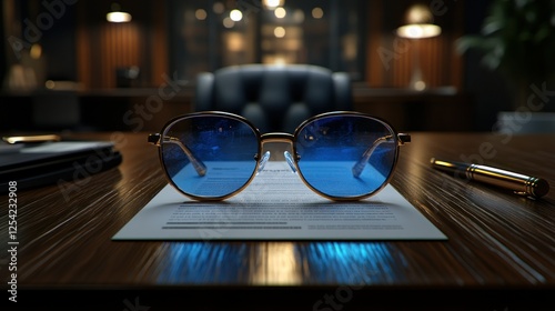 Business document, sunglasses, office desk, illuminated, professional, modern, formal setting