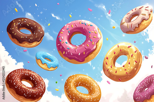Colorful donuts floating in a bright blue sky with fluffy clouds, creating a whimsical atmosphere