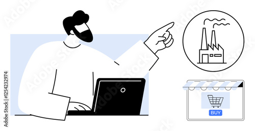 Businessman pointing towards factory icon while working on a laptop. E-commerce store with shopping cart symbol below. Ideal for business strategy, industry regulation, digital transformation