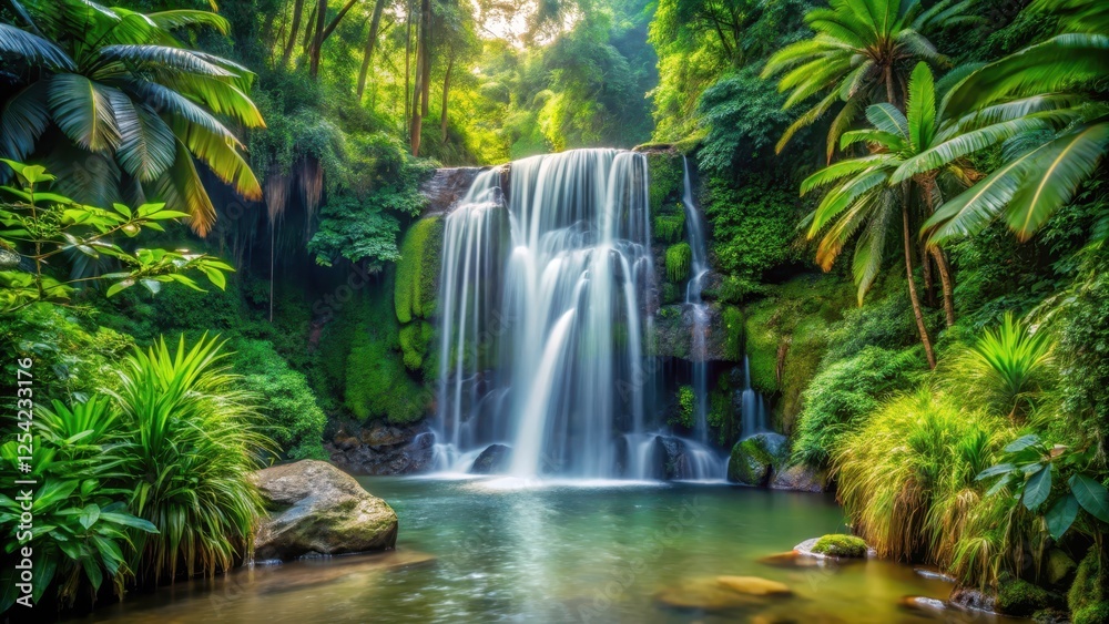 Serene jungle waterfall with water flowing gracefully through lush greenery and tropical plants, nature, relaxing, nature