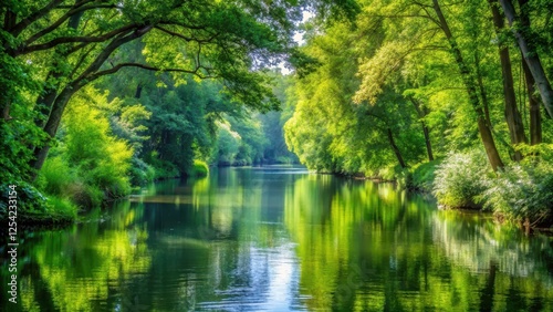 Serene waterway surrounded by dense foliage, peaceful, greenery,  peaceful, greenery, trees