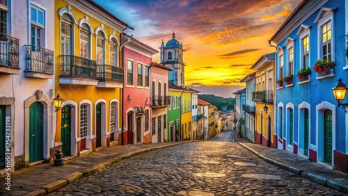 Ancient cobblestone streets lined with colonial-era buildings and vibrant street art in the historic district of Pelourinho at sunset, colorful buildings, salvador bahia