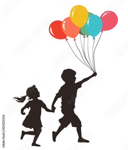 Silhouettes of a boy and a girl running with colorful balloons outdoors
