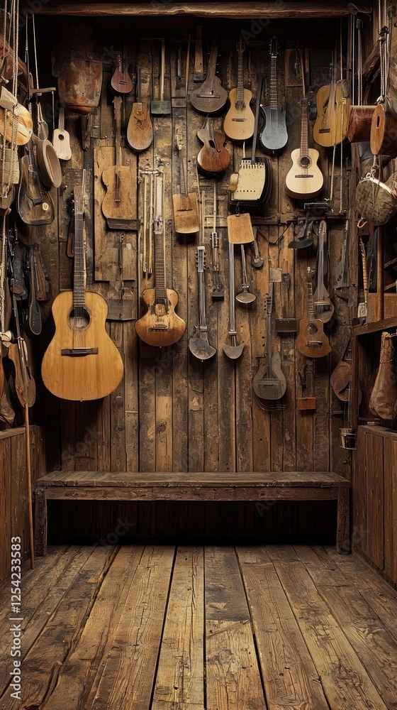 Naklejka premium Wooden wall with string instruments