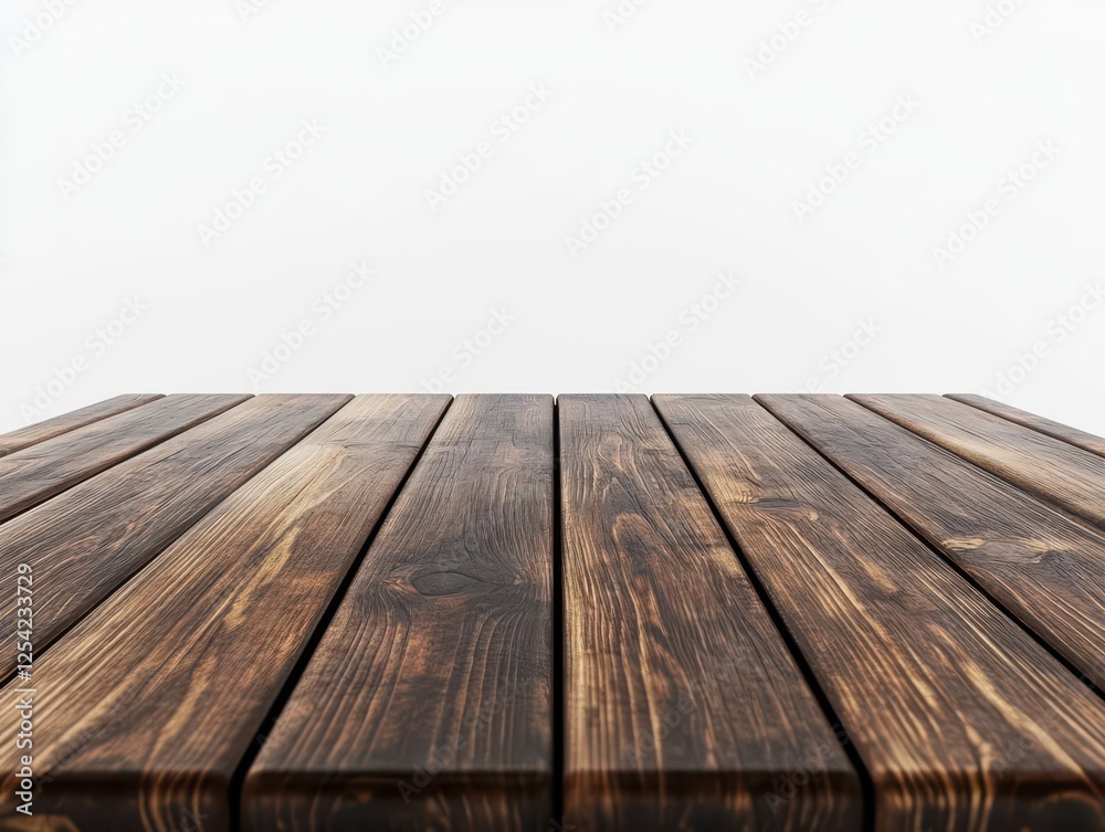 Fototapeta premium Front View of a Dark Brown, Empty Wooden Table with White Background, Blank Wood Table Mockup