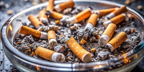 A close-up of a full ashtray with cigarette butts and ashes scattered around it, creating a messy and chaotic scene , cluttered space, tobacco waste