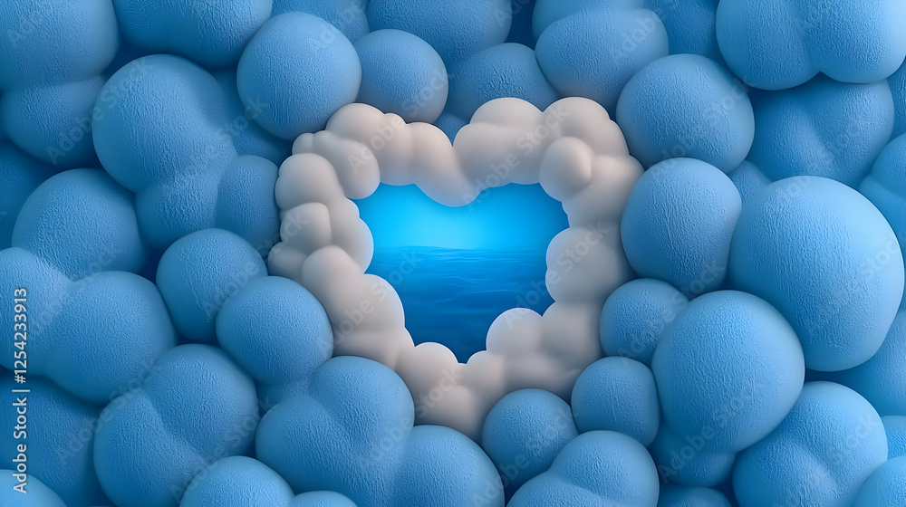 Ocean view heart-shaped cloud, blue bubbles background, serene scene, romantic card Ocean view heart-shaped cloud, blue bubbles background, serene scene, romantic card