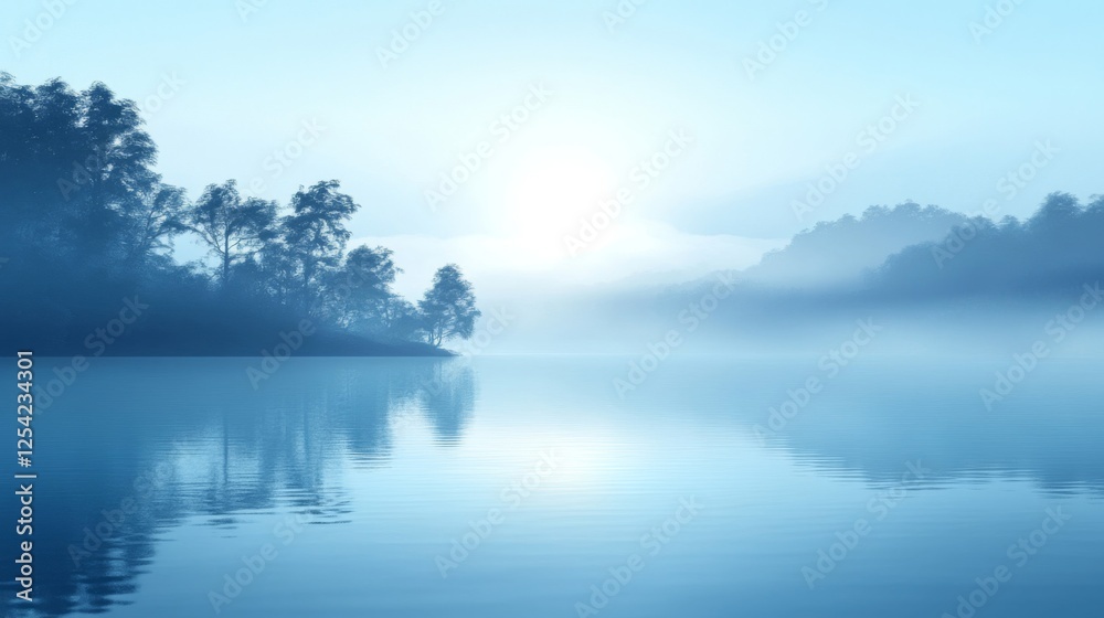 Misty Sunrise Over Calm Blue Lake Misty Sunrise Over Calm Blue Lake