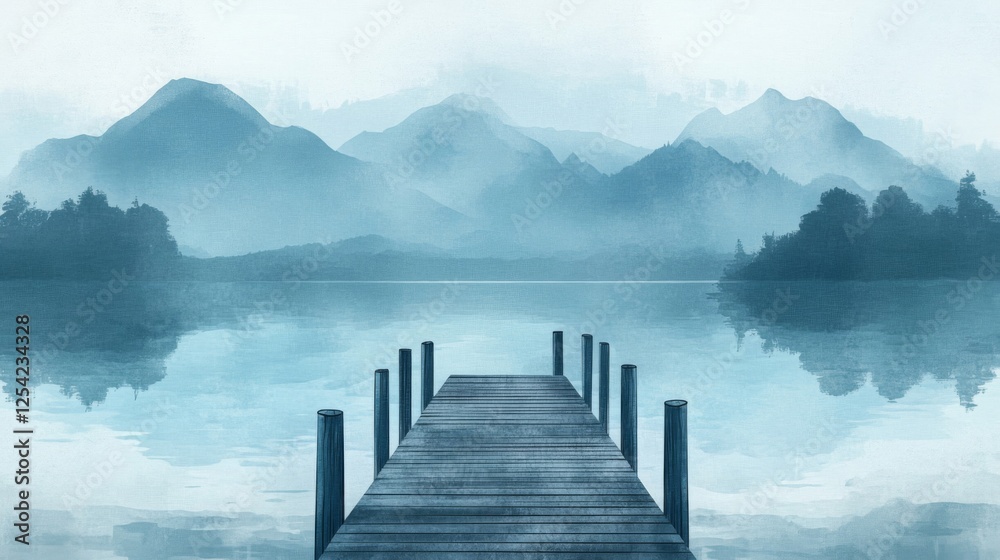 Fototapeta premium Misty Lake Pier And Mountains